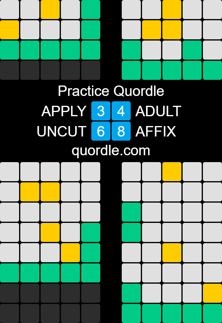 Resultados quordle con las palabras APPLY, ADULT, UNCUT y AFFIX