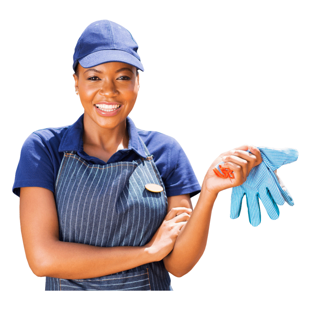 Mujer con uniforme azul, compuesto de delantal, gorra y guantes