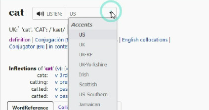 Captura de pantalla de wordreference para explicar cómo escuchar una palabra en inglés en diferentes acentos