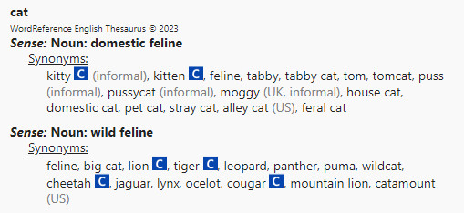 Captura de pantalla del wordreference con los sinónimos de la palabra "cat" en inglés