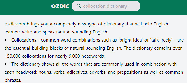 Captura de pantalla del diccionario de collocations "ozdic"