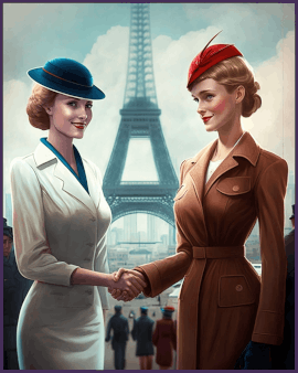 dos mujeres se dan la mano con la torre Eiffel de fondo simbolizando la relación actual entre Francia y Reino Unido