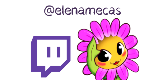 imagen de flor de The English Garden y logo de twitch con el texto @elenamecas