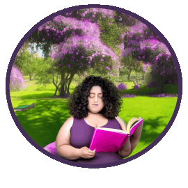 Mujer leyendo en un sillón en un jardín con árboles con flores rosas y lilas al fondo