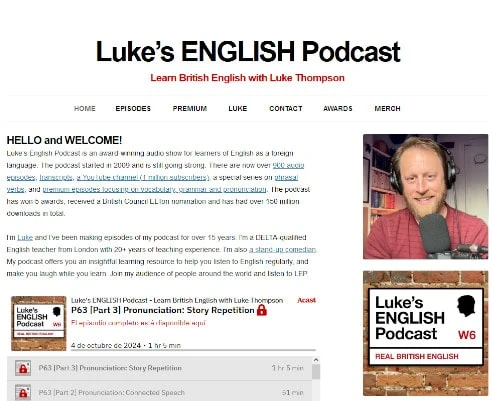 página de inicio del podcast Luke's English podcast, en el que puedes practicar tu listening y aprender cultura anglosajona