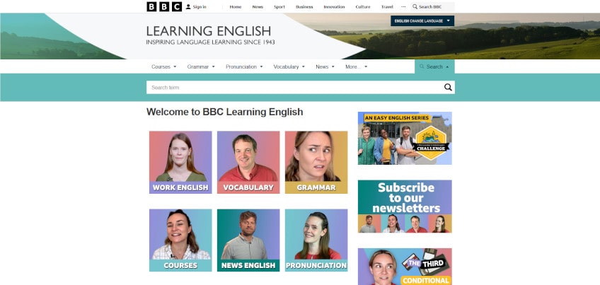 en esta imagen se ve la página de inicio de la BBC learning English. en ella aparecen distintas maneras de mejorar y practicar inglés.