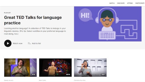 imagen de la web de ted talks, concretamente de la página dedicada a playlists sobre aprendizaje de idiomas